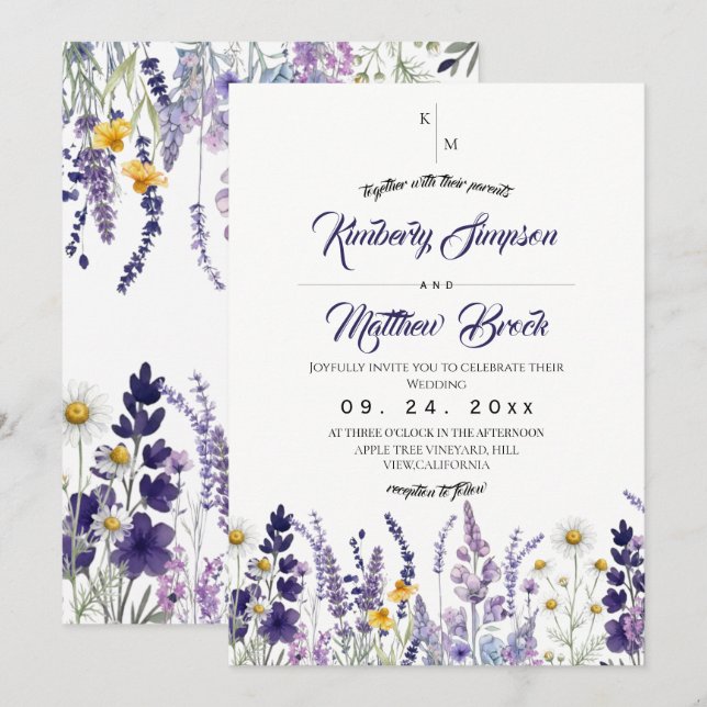 Invitación Boda Rústica de Flor Silvestre Elegante (Anverso / Reverso)