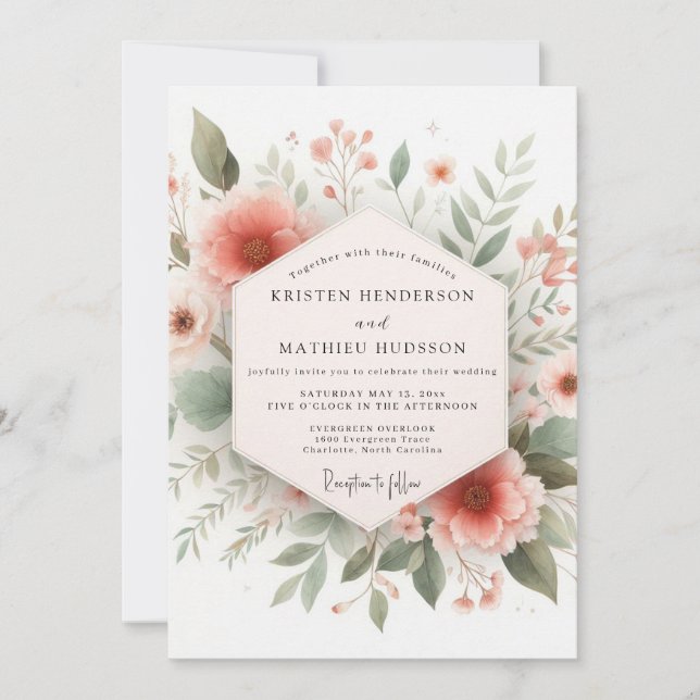 Invitación Boda rústica de floración de coral (Anverso)