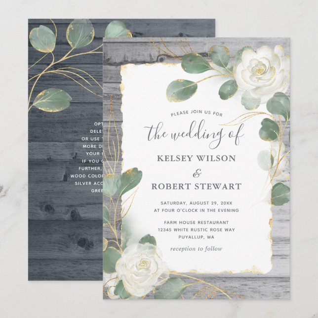 Invitación Boda Rústica de Floral de Verde con Rosa Dorada (Anverso / Reverso)