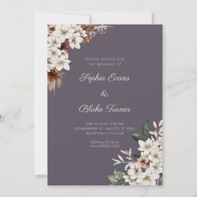 Invitación Boda Rústica de Flores Blancas Boho Humo Gris (Anverso)