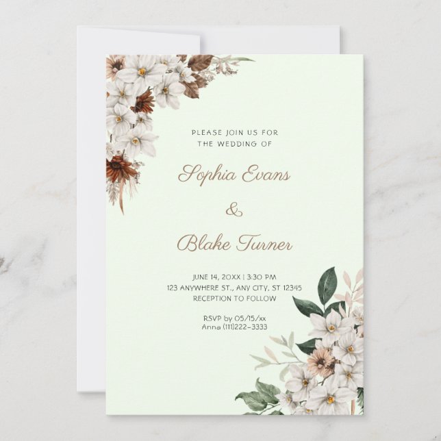 Invitación Boda Rústica de Flores Blancas Desgastadas Boho Ve (Anverso)