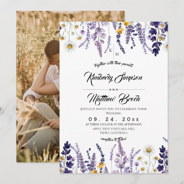 Invitación Boda rústica de flores silvestres elegantes (Anverso / Reverso)