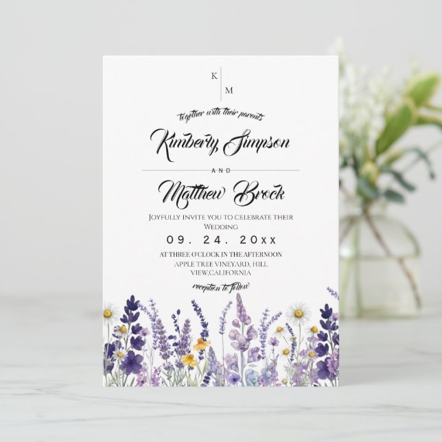 Invitación Boda rústica de flores silvestres modernas y elega (Anverso de pie)