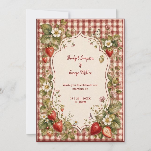Invitación Boda rústica de fresa cottage Gingham Jardín (Anverso)