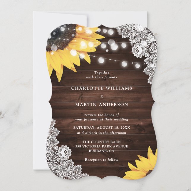 Invitación Boda Rústica de Girasol con Encaje Floral de Mader (Anverso)