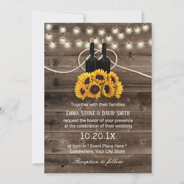 Invitación Boda rústica de girasol y botellas de vino (Anverso)