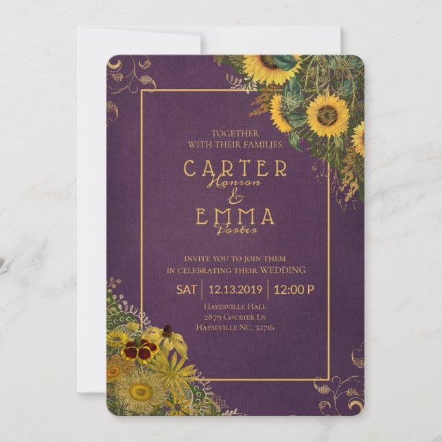 Invitación Boda rústica de girasol y encaje morado de campo (Anverso)