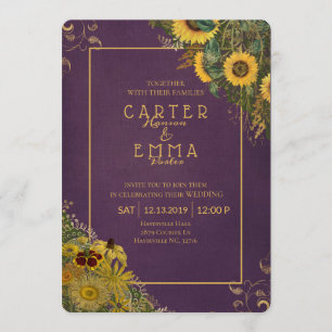 Invitación Boda rústica de girasol y encaje morado de campo