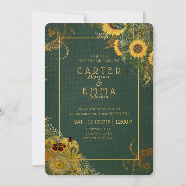 Invitación Boda rústica de girasol y encaje verde en el campo (Anverso)