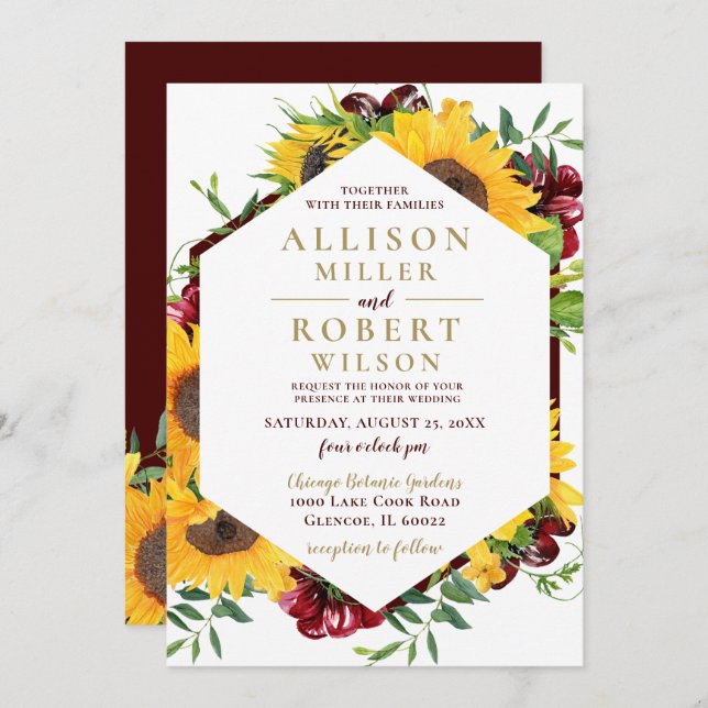 Invitación Boda Rústica de Girasoles Burgundy Acuarela (Anverso / Reverso)