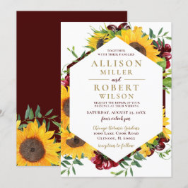 Invitación Boda Rústica de Girasoles Burgundy Acuarela