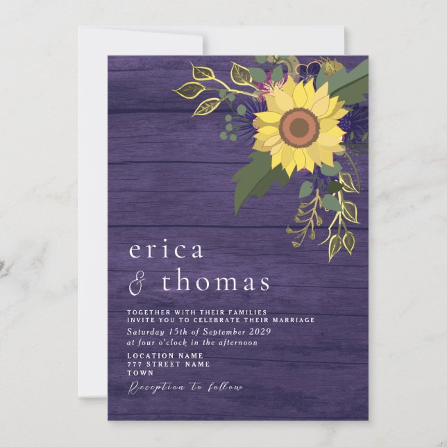 Invitación Boda Rústica de Girasoles Morados (Anverso)