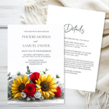 Boda rústica de girasoles y rosas rojas todo en un