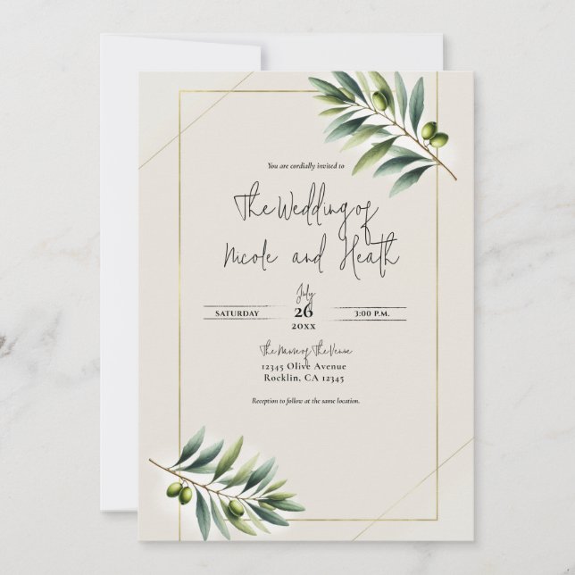 Invitación Boda rústica de hoja de olivo verde hueso blanco y (Anverso)