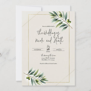 Invitación Boda rústica de hoja de olivo verde hueso blanco y