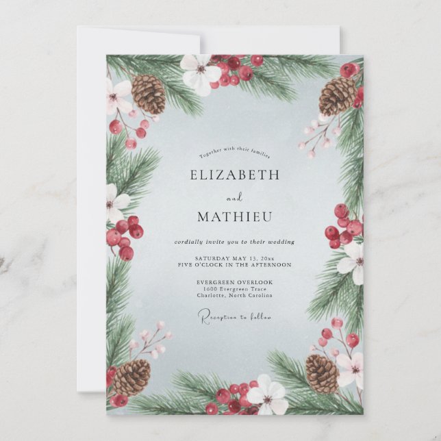 Invitación Boda Rústica de Invierno Azul Pálido (Anverso)