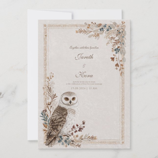 Invitación Boda Rústica de Invierno de Búho Nevado en el Bosq (Anverso)