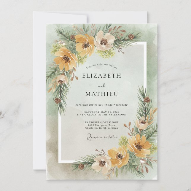 Invitación Boda Rústica de Invierno Verde Pino (Anverso)