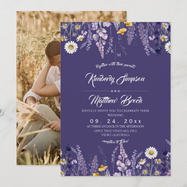 Invitación Boda Rústica de Jardín con Flores Silvestres (Anverso / Reverso)