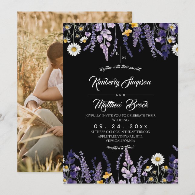 Invitación Boda rústica de jardín con lavanda y flores silves (Anverso / Reverso)