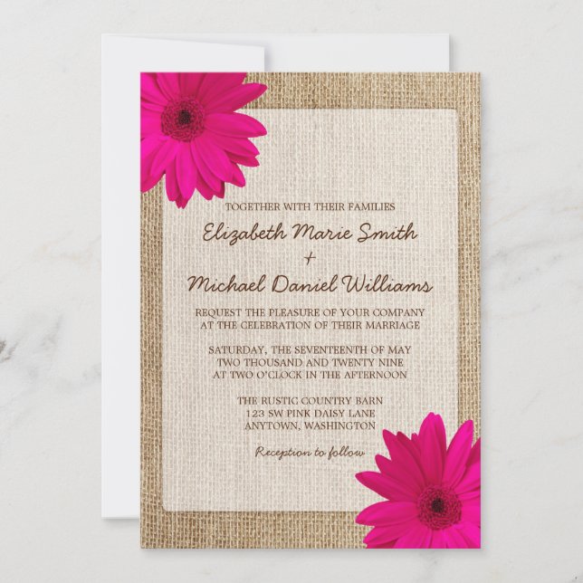 Invitación Boda rústica de la arpillera de la margarita (Anverso)