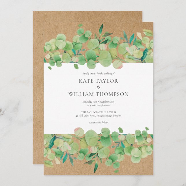 Invitación Boda Rústica de la Verdemia Eucalyptus Garland (Anverso / Reverso)