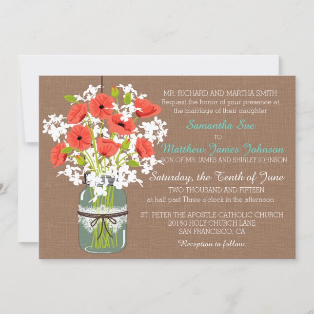 Invitación Boda rústica de las amapolas de albañil de la (Anverso)