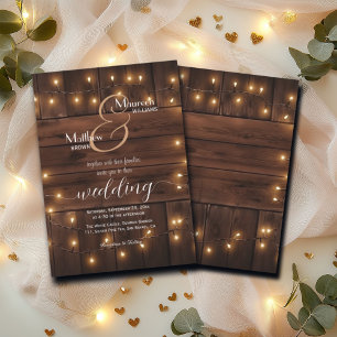 Invitación Boda Rústica de las luces de cadena de madera marr