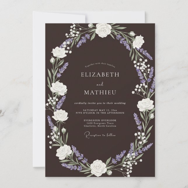 Invitación Boda Rústica de Lavanda Marrón Espresso (Anverso)