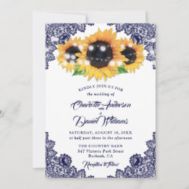 Invitación Boda Rústica de Lazo Floral Azul Marino y Girasol