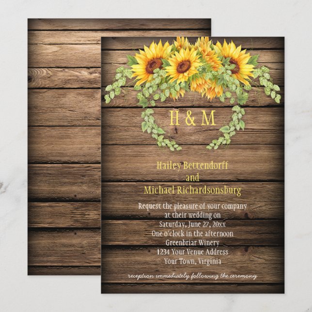 Invitación Boda Rústica de los girasoles de la madera de gran (Anverso / Reverso)