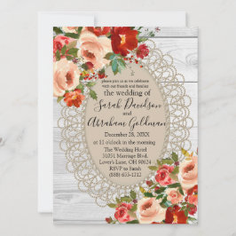 Invitación Boda Rústica de Madera Blanca con Encaje y Flores 