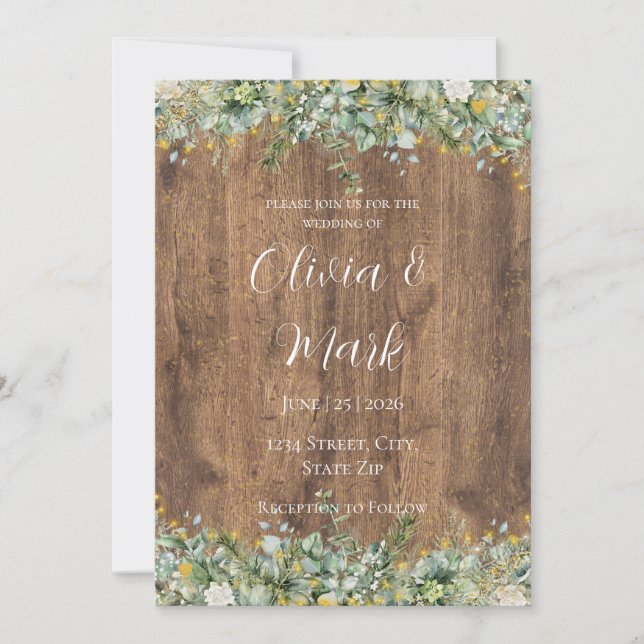Invitación Boda Rústica de Madera con Eucalipto Dorado y Flor (Anverso)