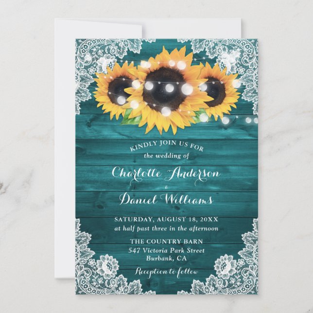 Invitación Boda Rústica de Madera con Lazo de Girasol Azul (Anverso)
