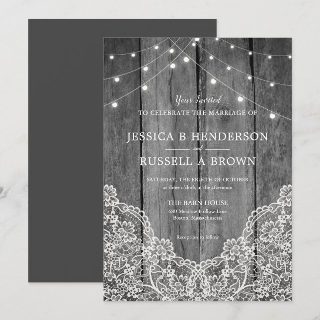 Invitación Boda Rústica de Madera con Luces y Encaje B&N (Anverso / Reverso)