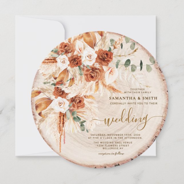 Invitación Boda Rústica de Madera Cortada Redonda (Anverso)