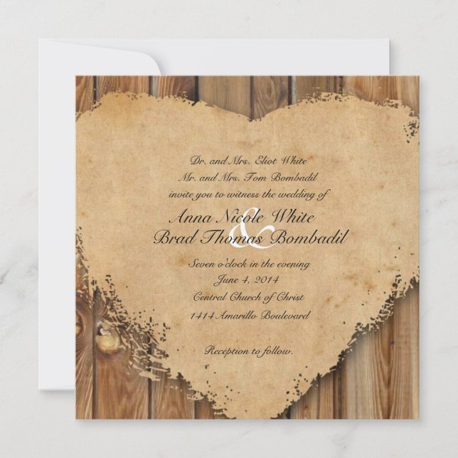 Invitación Boda rústica de madera de corazón asombrada parece (Anverso)