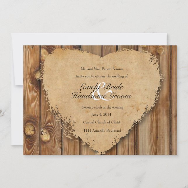 Invitación Boda rústica de madera de corazón asombrada parece (Anverso)