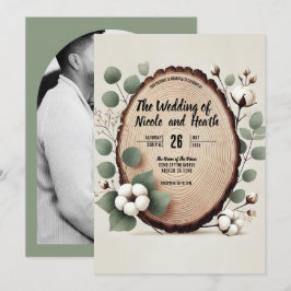 Invitación Boda rústica de madera de eucalipto y algodón en e