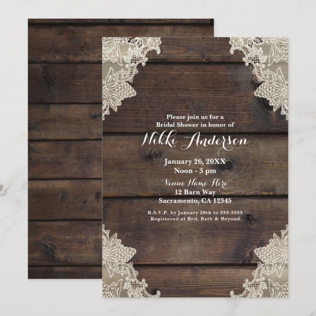 Invitación Boda rústica de madera de grano y encaje Romántico (Anverso / Reverso)