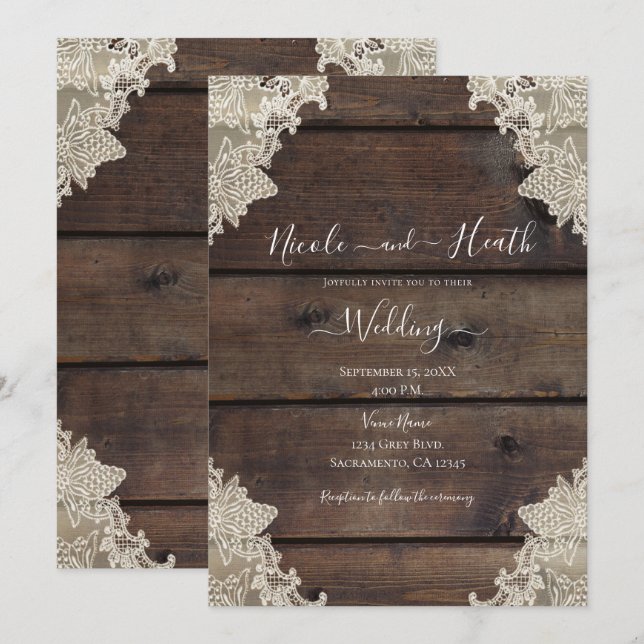 Invitación Boda rústica de madera de grano y encaje Romántico (Anverso / Reverso)