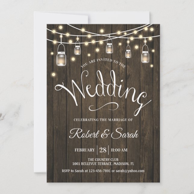 Invitación Boda Rústica de Madera e Iluminación (Anverso)