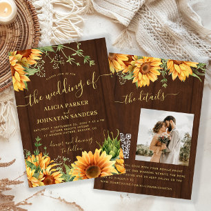 Invitación Boda rústica de madera floral girasoles jardín gra