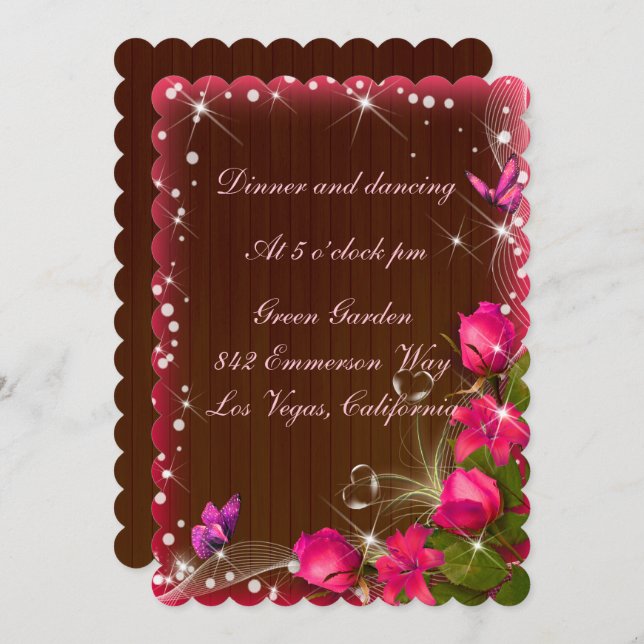 Invitación Boda Rústica de Madera Floral Mariposa Rosa Recept (Anverso / Reverso)