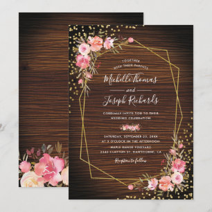 Invitación Boda rústica de madera geométrica dorada y floral 