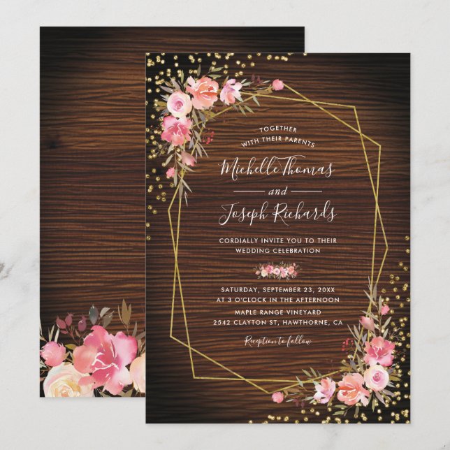 Invitación Boda rústica de madera geométrica dorada y floral  (Anverso / Reverso)