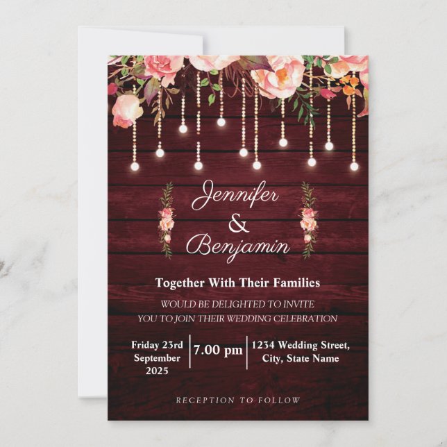Invitación Boda Rústica de Madera Granate Floral (Anverso)