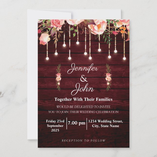Invitación Boda Rústica de Madera Granate Floral (Anverso)