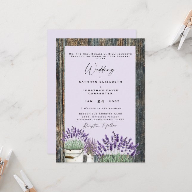 Invitación Boda Rústica de Madera Lavanda Pálida (Anverso/Reverso In Situ)