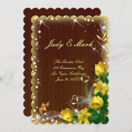 Invitación Boda Rústica de Madera Oscura con Floral Amarillo